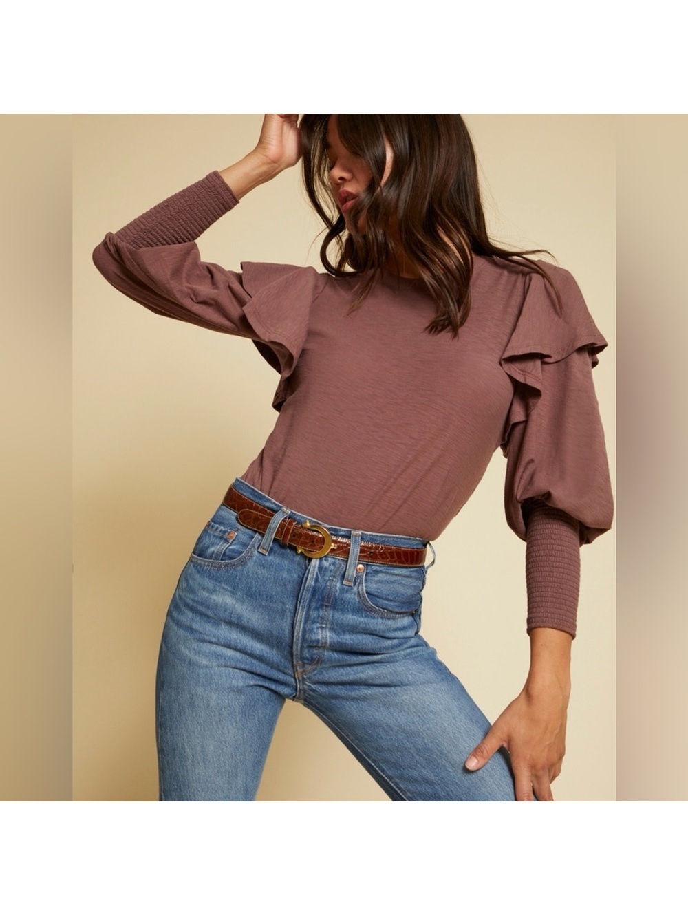 NationLTD Reva Victorian Inspired Statement Sleeve Minimalistic Cotton Tee Large